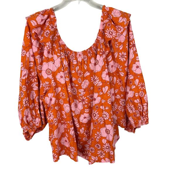 Free People Bohemian Pink Orange Floral Balloon Sleeve Blouse XL - Picture 2 of 7